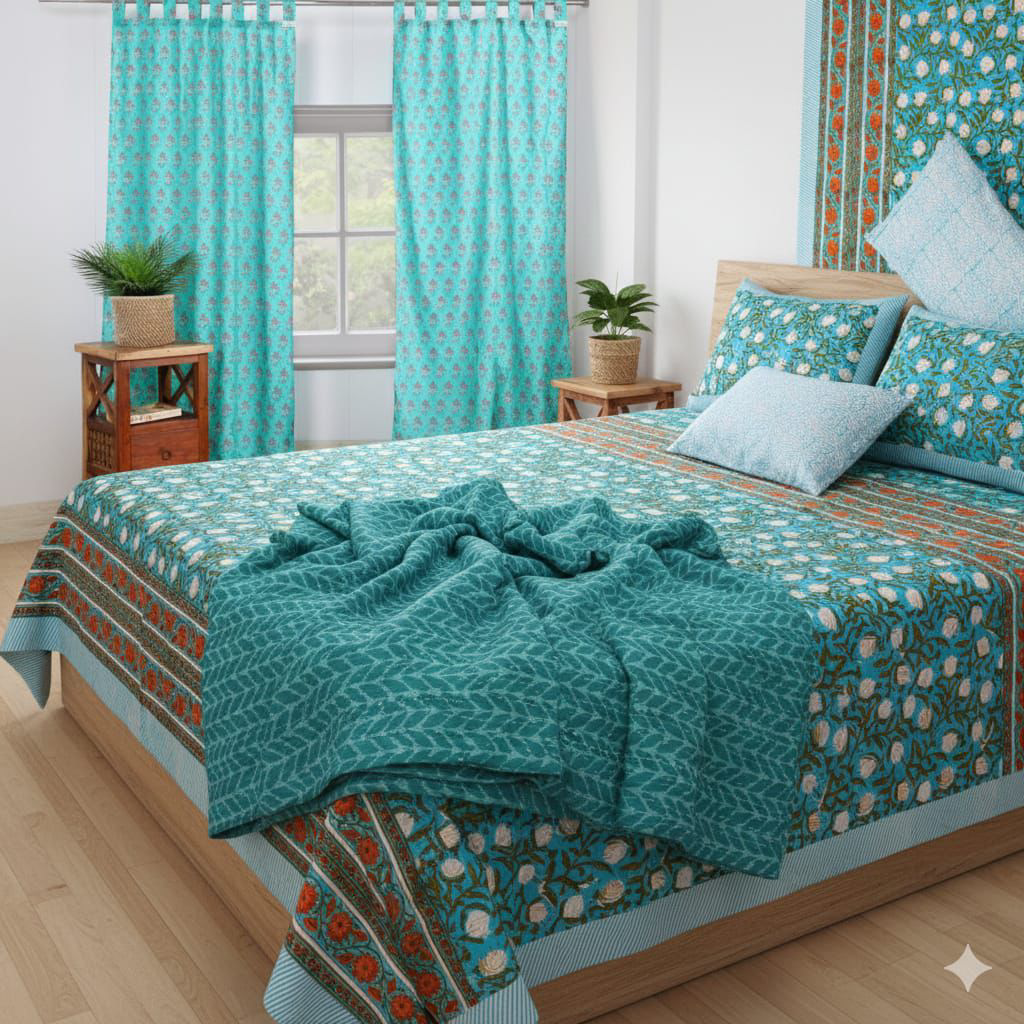 Pure Hand Block King Size Cotton Bedsheets with 2 Zipped Reversable Pillow Covers - Image 2