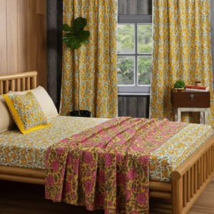 Pure Hand Block King Size Cotton Bedsheets with 2 Zipped Reversable Pillow Covers