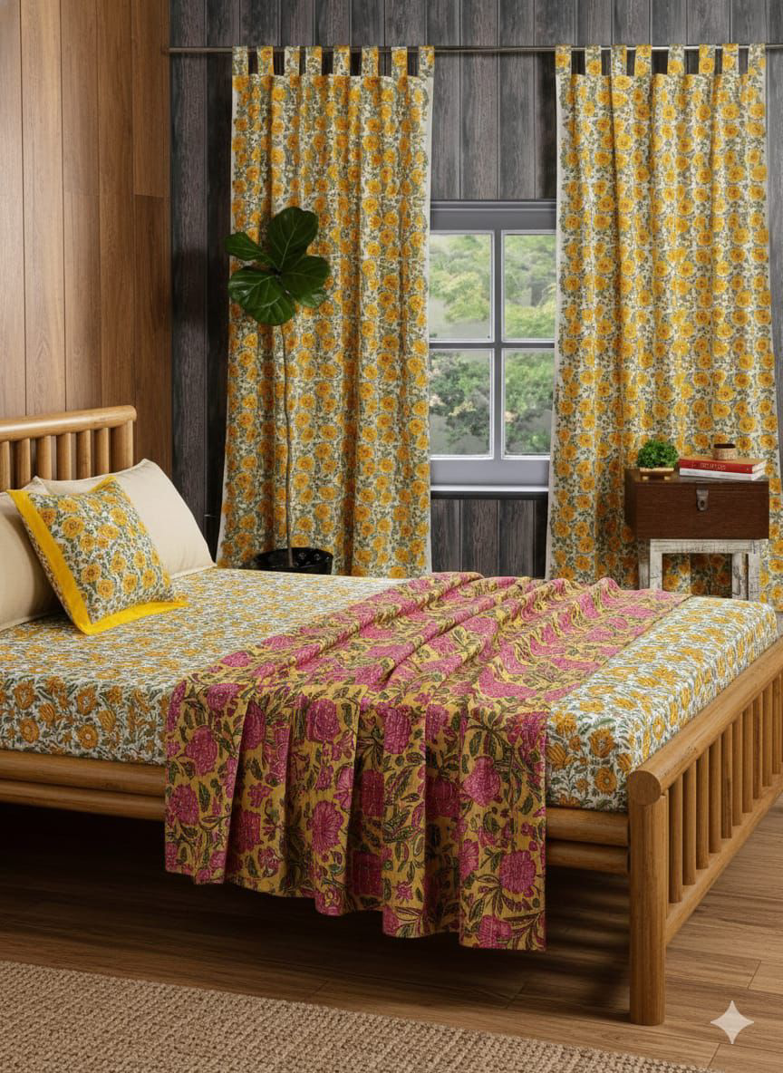 Pure Hand Block King Size Cotton Bedsheets with 2 Zipped Reversable Pillow Covers