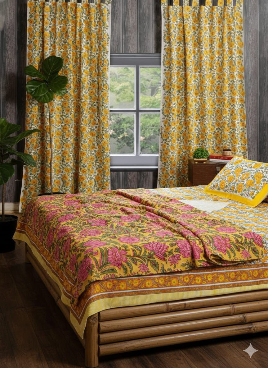 Pure Hand Block King Size Cotton Bedsheets with 2 Zipped Reversable Pillow Covers - Image 3