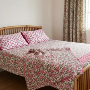 Pure Hand Block King Size Cotton Bedsheets with 2 Zipped Reversable Pillow Covers