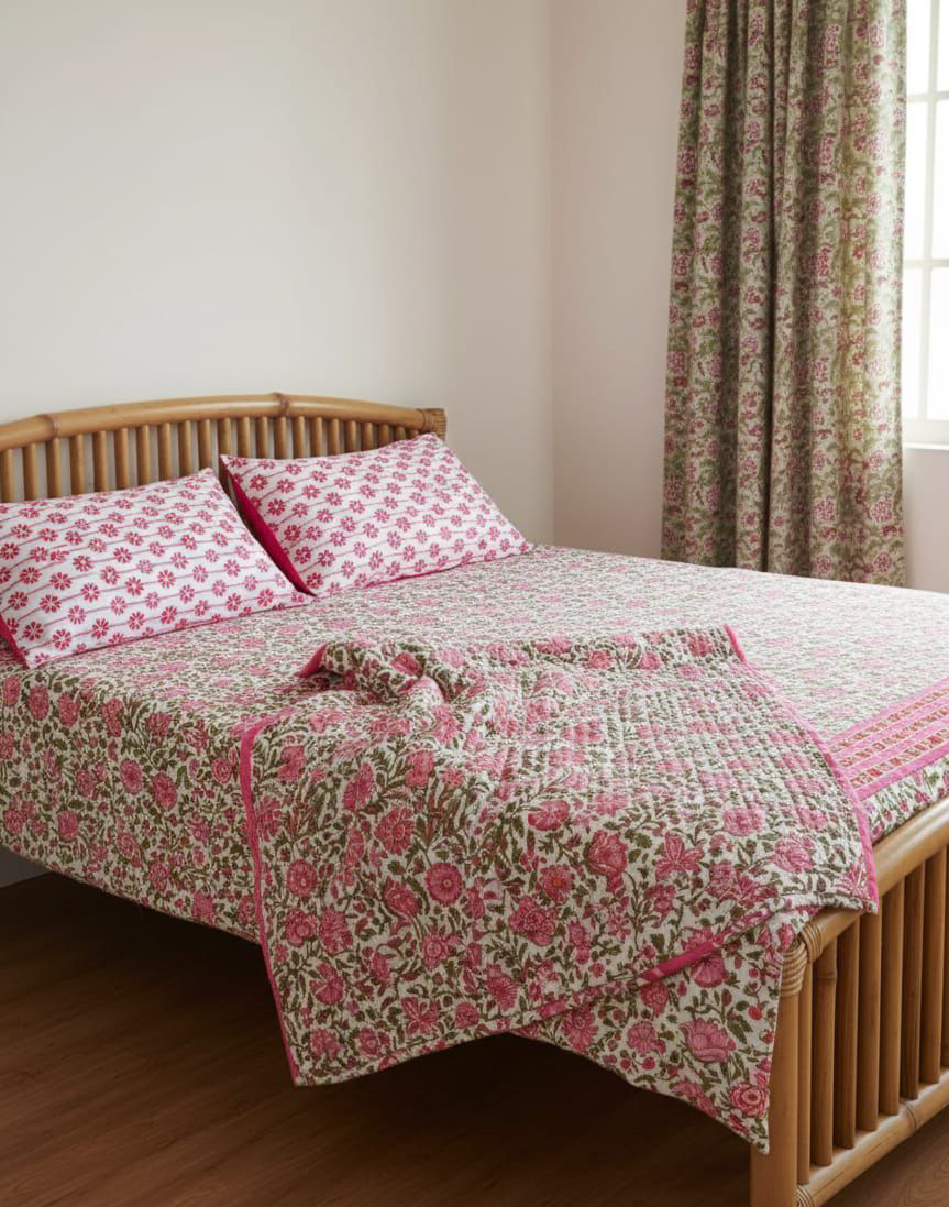 Pure Hand Block King Size Cotton Bedsheets with 2 Zipped Reversable Pillow Covers