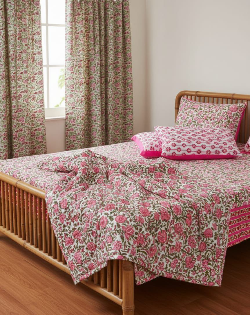 Pure Hand Block King Size Cotton Bedsheets with 2 Zipped Reversable Pillow Covers - Image 2