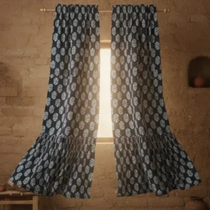 Midnight Indigo Floral Block Print Curtains – Heritage Bloom Collection height 5.5ft Length 4ft