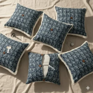Indigo Leaf Handblock Cotton Cushion Covers Set of 5