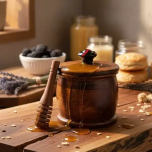 Wooden Honey Pot with Dipper – Handcrafted Storage Jar